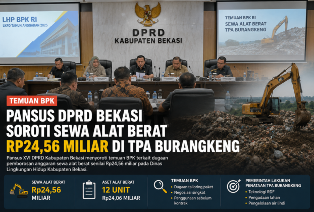 Rapat Pansus XVI DPRD Kabupaten Bekasi membahas temuan BPK terkait sewa alat berat di TPA Burangkeng.